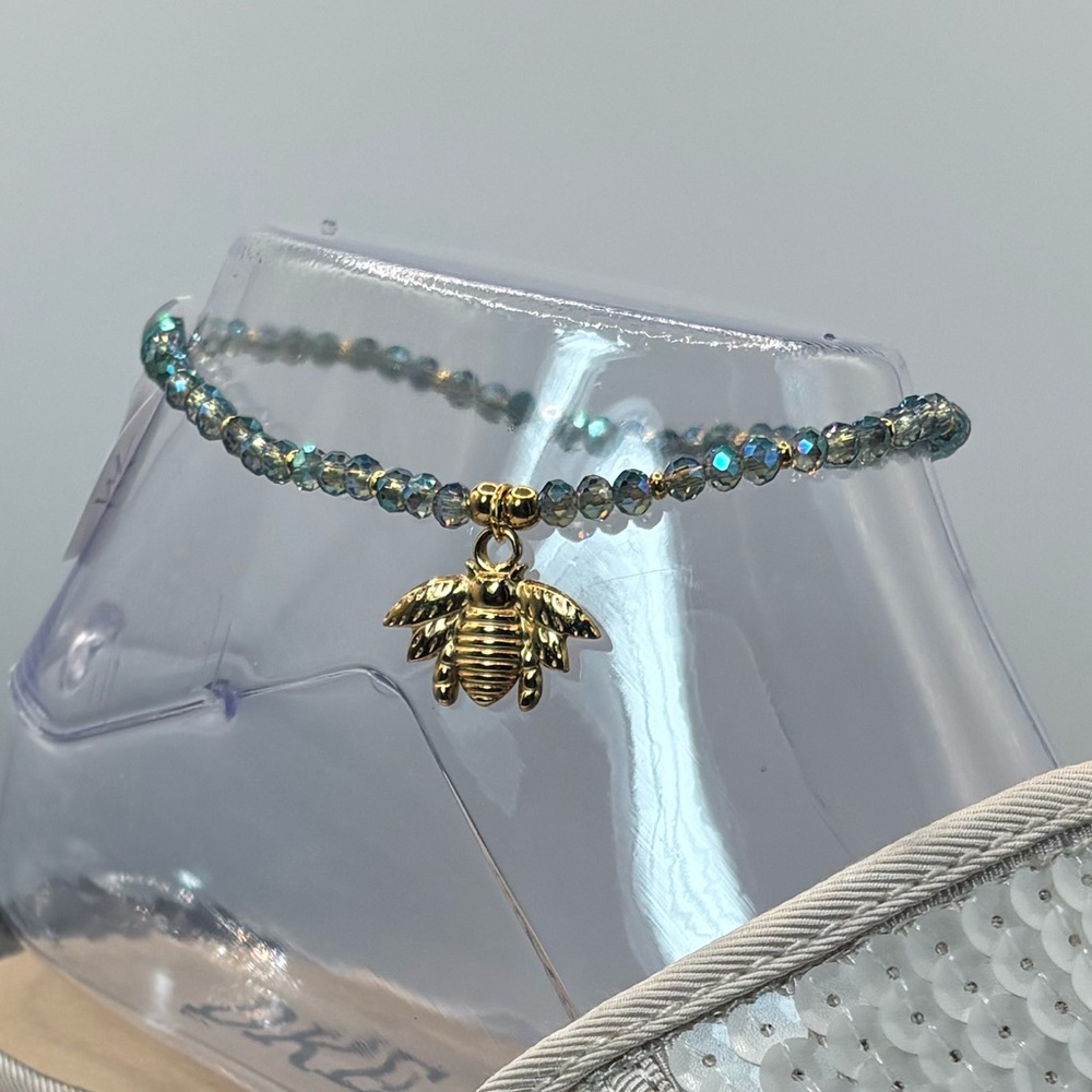 *ANKLET* S.Steel Gold Bee & AB Peridot Shimmer Crystal Stretchy Anklet - Picture 5 of 7